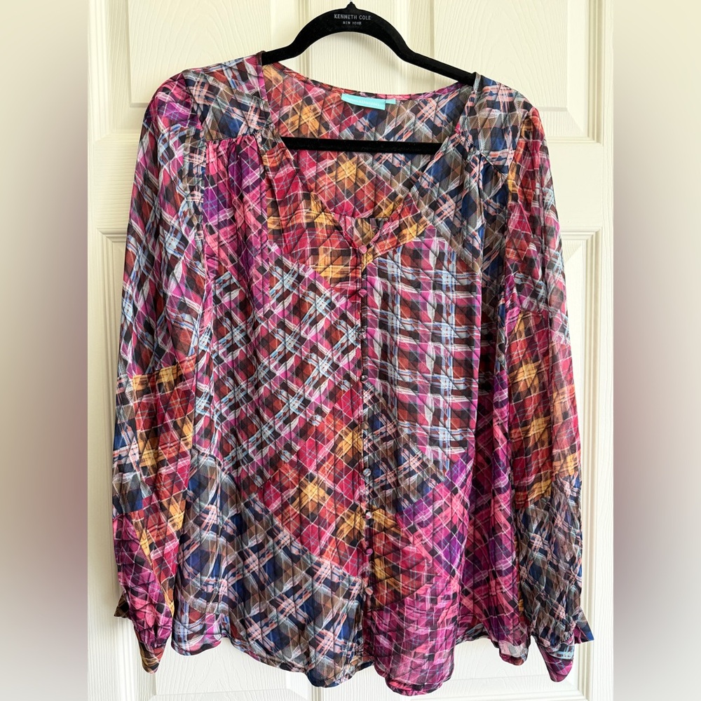 Blue Illusion Colorful Plaid Sheer Long Sleeve Button-Up Blouse - Size Large